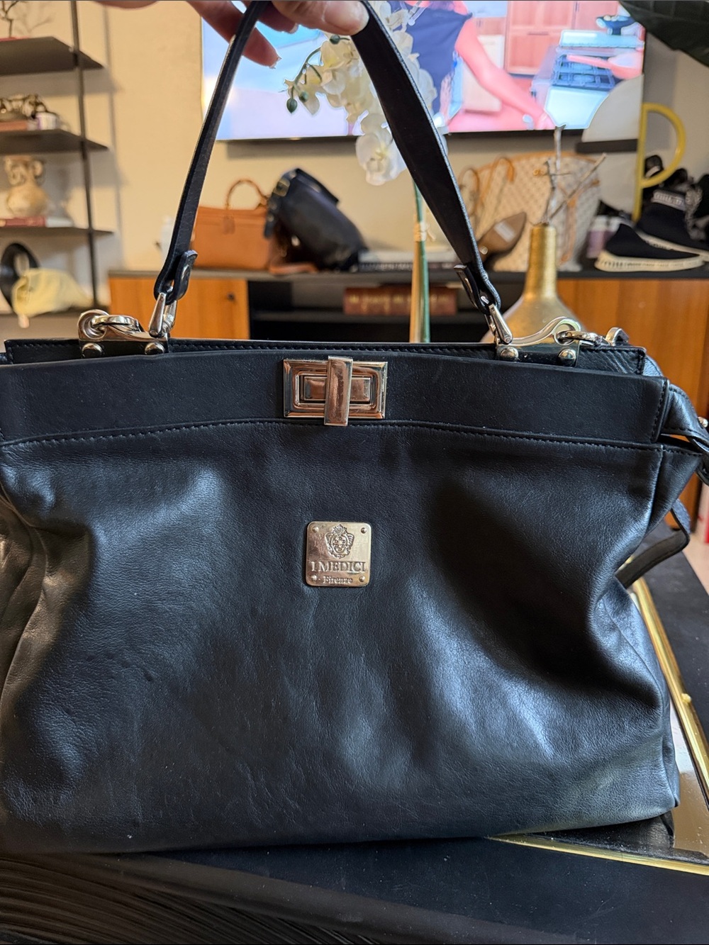 Vera Pelle Black Leather Top-Handle Satchel with Silver Hardware